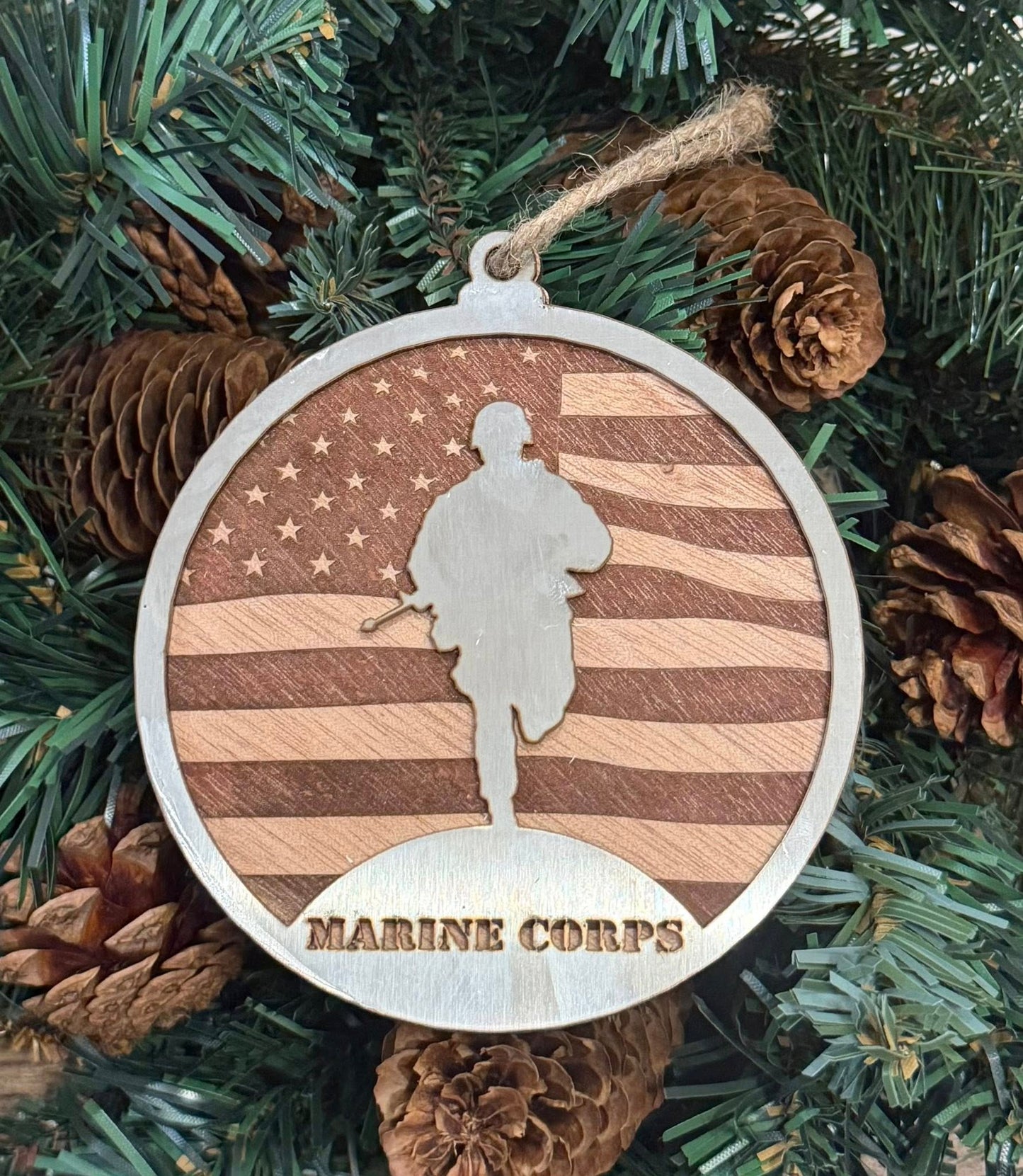 Marine Corps Soldier American Flag Stainless Steel Wood Ornament — Valley Creations