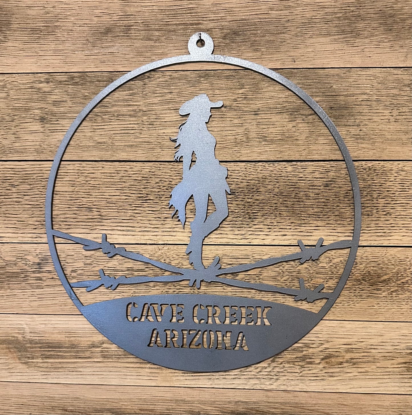 Western Spirit Custom Metal Sign – Cowboy or Cowgirl Silhouette in Barb Wire Circle – Personalized Text - Free Shipping