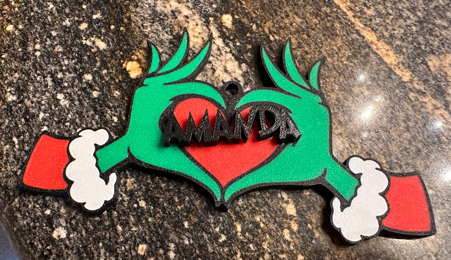 Personalized Grinch with Heart Christmas Ornaments