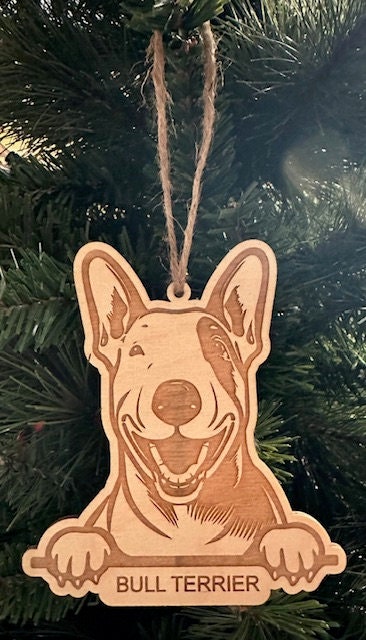 Bull Terrier with Paws Holiday Ornament | Wood | Personalized | Free Shipping