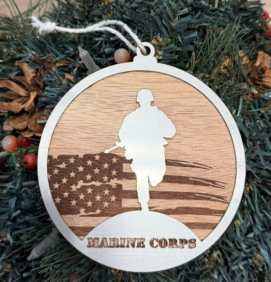 Marine Corps Soldier American Flag Stainless Steel Wood Ornament — Valley Creations