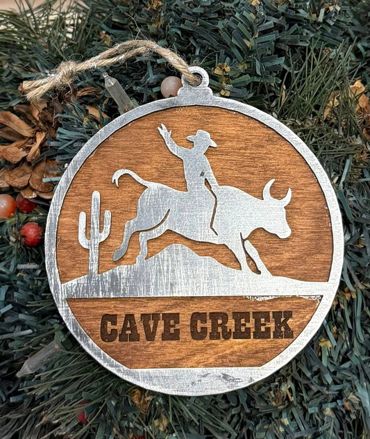 Bull Rider Stainless Steel Wood Ornament — Valley Creations