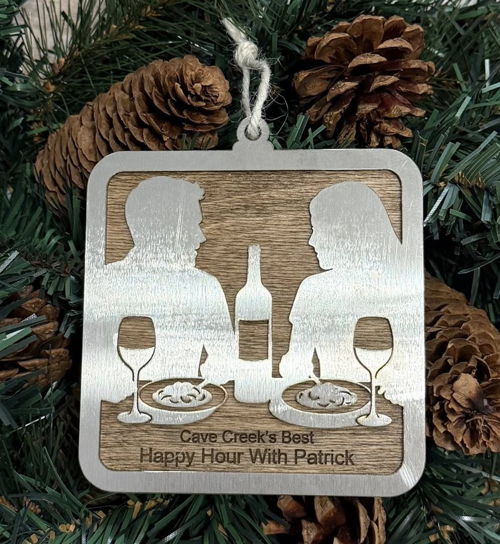 Personalized Happy Hour Ornament – Metal Wood Bar Scene – Wine Lover Gift – Custom Arizona Ornament — Valley Creations