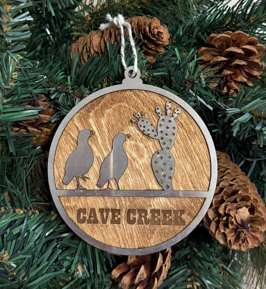 Cave Creek Quail and Cactus Stainless Steel Wood Ornament — Valley Creations
