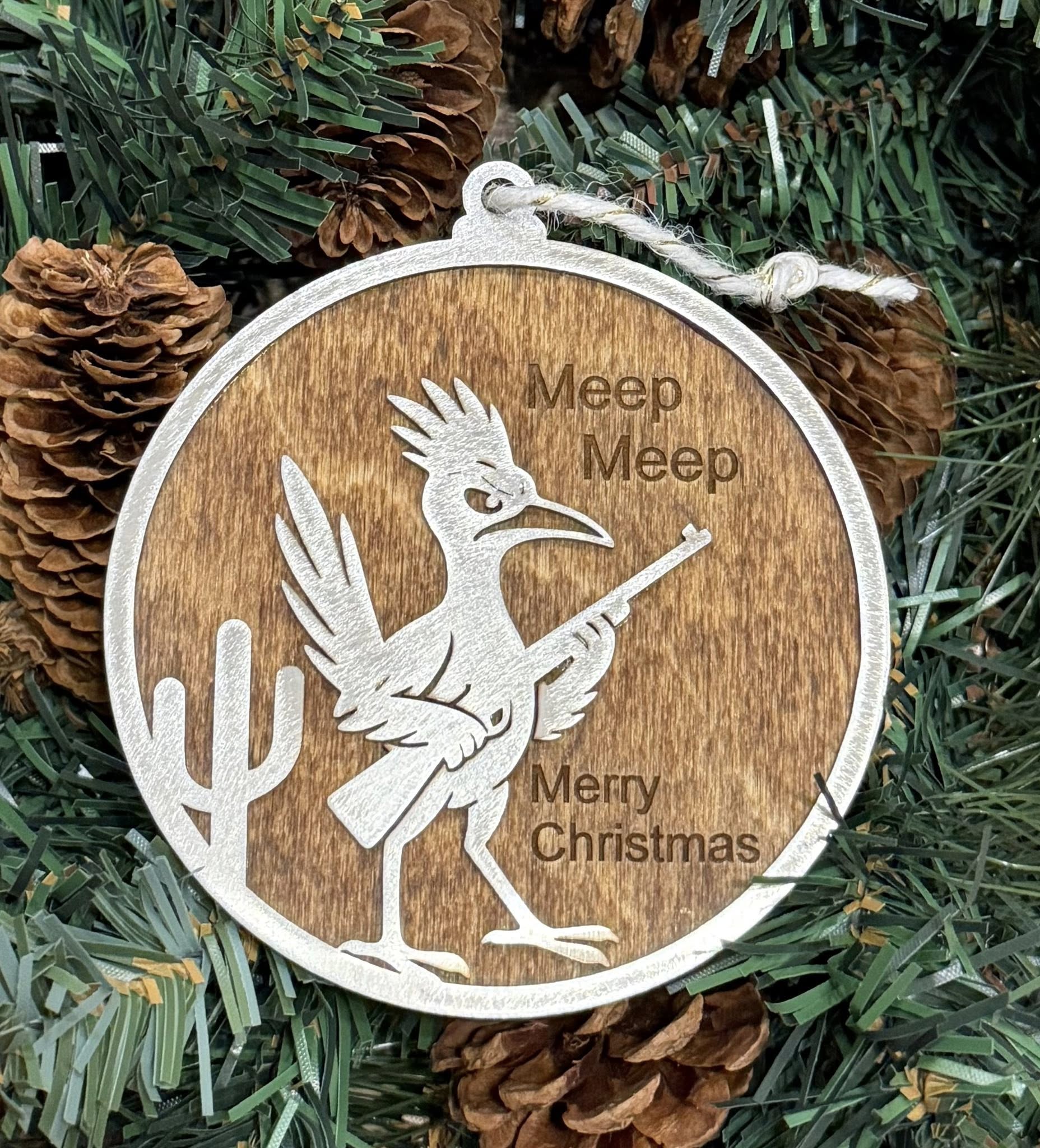 RoadRunner with Gun V2 Stainless Steel Wood Christmas Ornament — Valley Creations