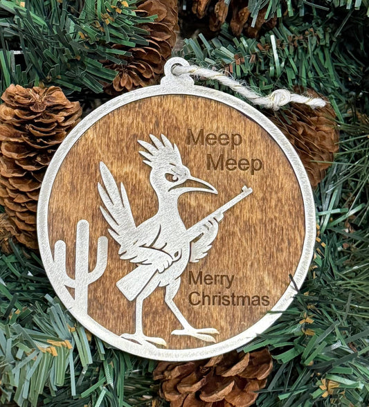 RoadRunner with Gun V2 Stainless Steel Wood Christmas Ornament — Valley Creations