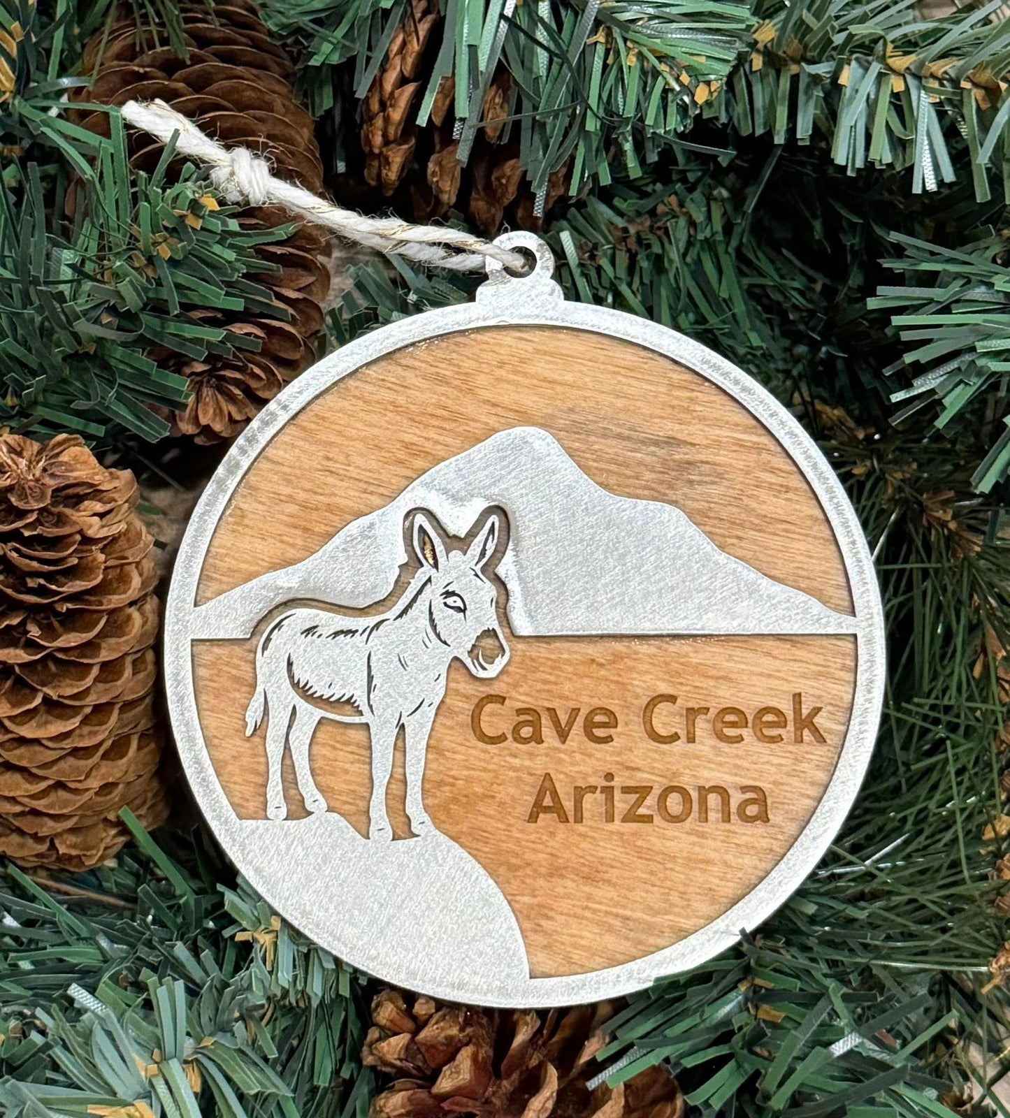 Donkey Cave Creek Arizona Wood and Stainless Steel Ornament — Valley Creations