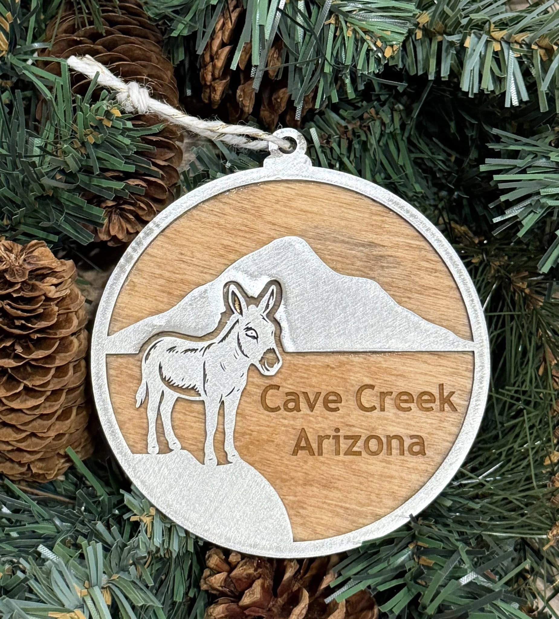Donkey Cave Creek Arizona Wood and Stainless Steel Ornament — Valley Creations