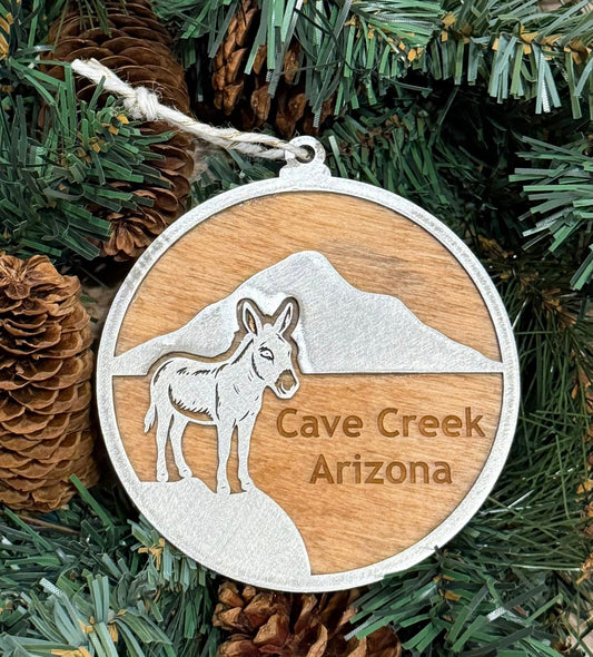 Donkey Cave Creek Arizona Wood and Stainless Steel Ornament — Valley Creations