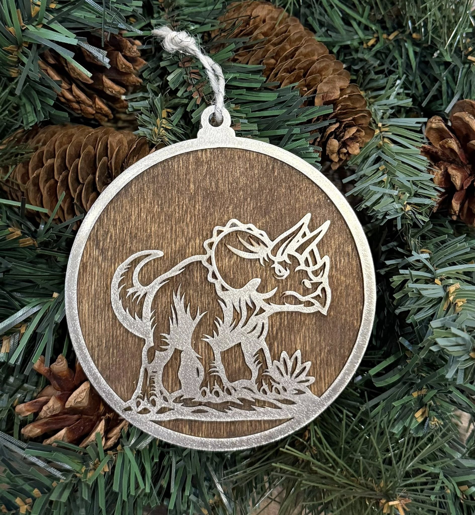 Triceratops Stainless Steel and Wood Ornament — Valley Creations