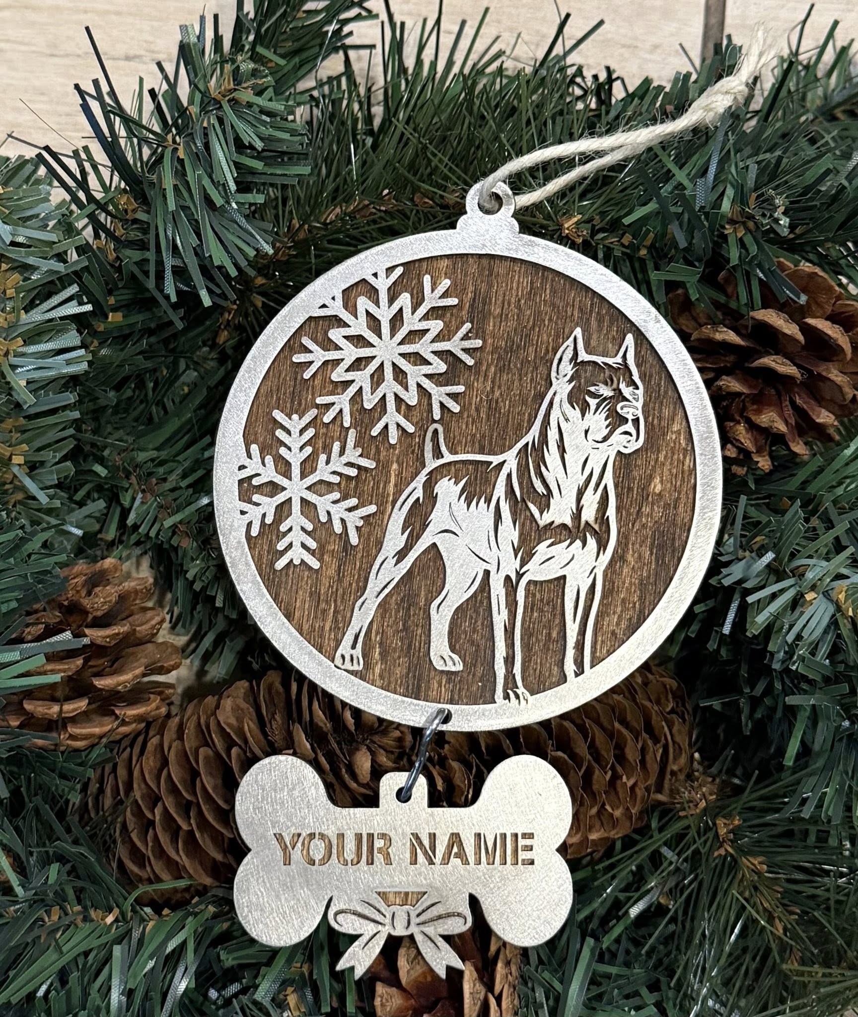 Cane Corso Pointy Ear Stainless Steel and Wood Ornament with Snowflakes — Valley Creations