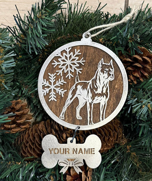 Cane Corso Pointy Ear Stainless Steel and Wood Ornament with Snowflakes — Valley Creations