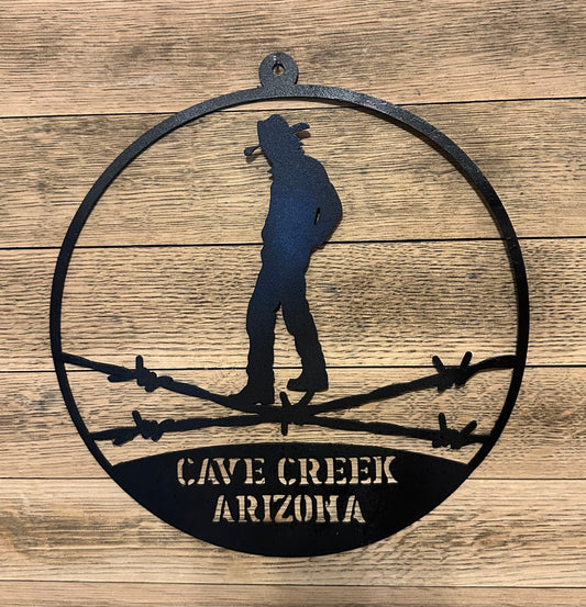 Western Spirit Custom Metal Sign – Cowboy or Cowgirl Silhouette in Barb Wire Circle – Personalized Text - Free Shipping
